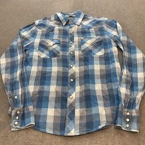Salt Valley Shirt Mens Medium Blue Plaid Western Snap Front Long Sleeve Cotton